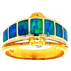 14K Opals Exceptional Colour Diamond Flanked Dome Modern Solid Gold Wedding Band